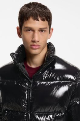 Glossy water-repellent puffer jacket with tonal logo, Black