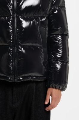 Glossy water-repellent puffer jacket with tonal logo, Black