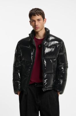 Glossy water-repellent puffer jacket with tonal logo, Black