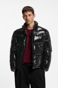 Glossy water-repellent puffer jacket with tonal logo, Black