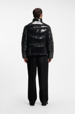 Glossy water-repellent puffer jacket with tonal logo, Black