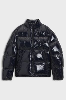 Glossy water-repellent puffer jacket with tonal logo, Dark Blue