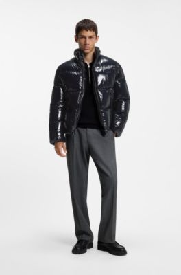 Glossy water-repellent puffer jacket with tonal logo, Dark Blue