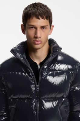 Glossy water-repellent puffer jacket with tonal logo, Dark Blue