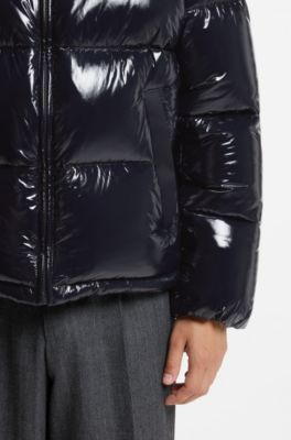 Glossy water-repellent puffer jacket with tonal logo, Dark Blue