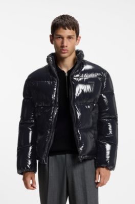 Glossy water-repellent puffer jacket with tonal logo, Dark Blue