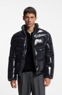 Glossy water-repellent puffer jacket with tonal logo, Dark Blue