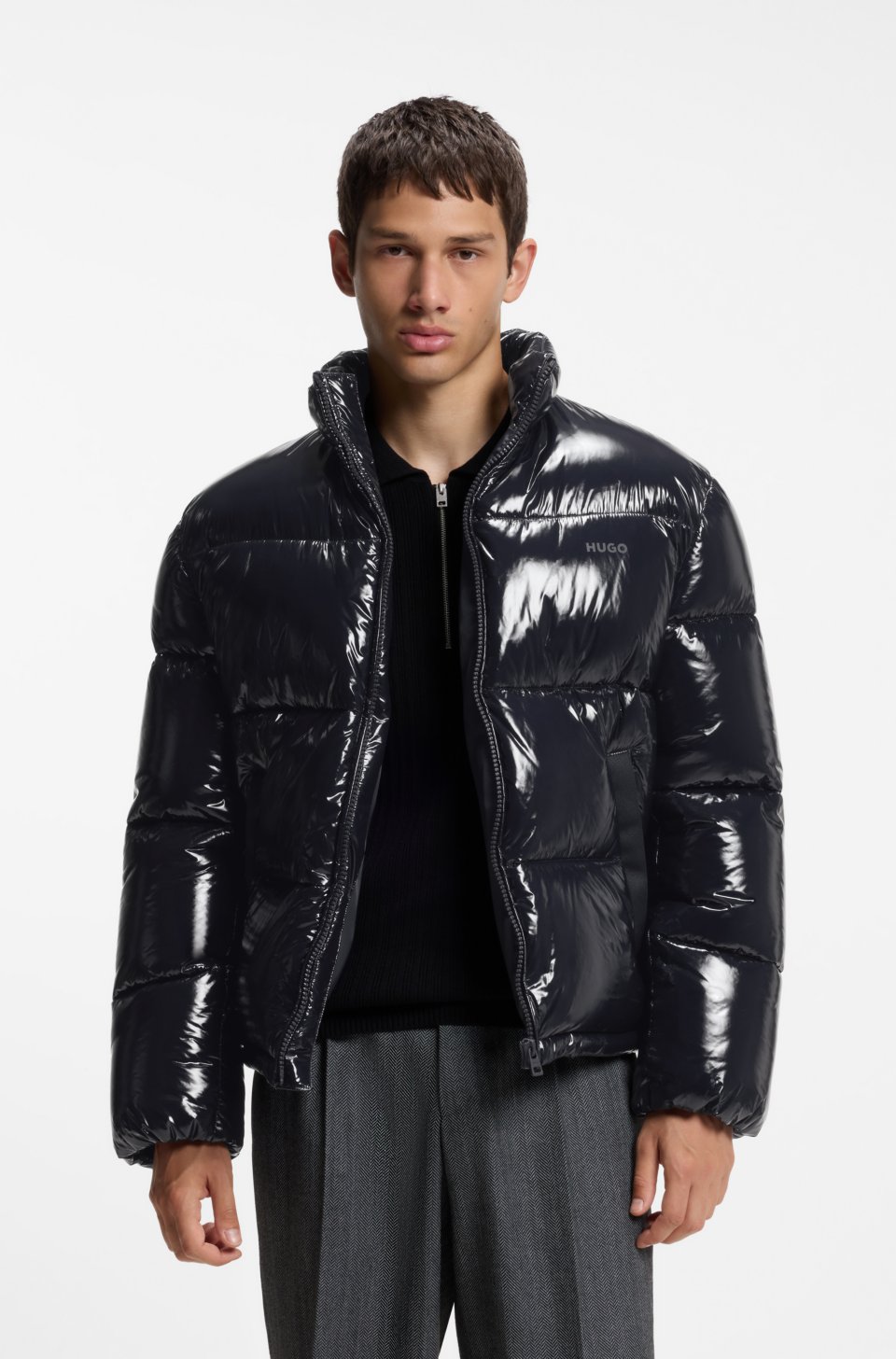 Glossy water-repellent puffer jacket with tonal logo