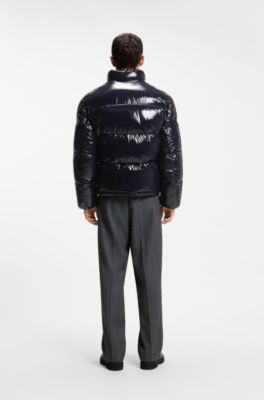 Glossy water-repellent puffer jacket with tonal logo, Dark Blue