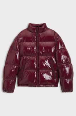 Glossy water-repellent puffer jacket with tonal logo, Dark Red