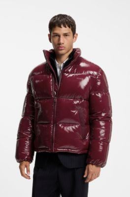 Glossy water-repellent puffer jacket with tonal logo, Dark Red