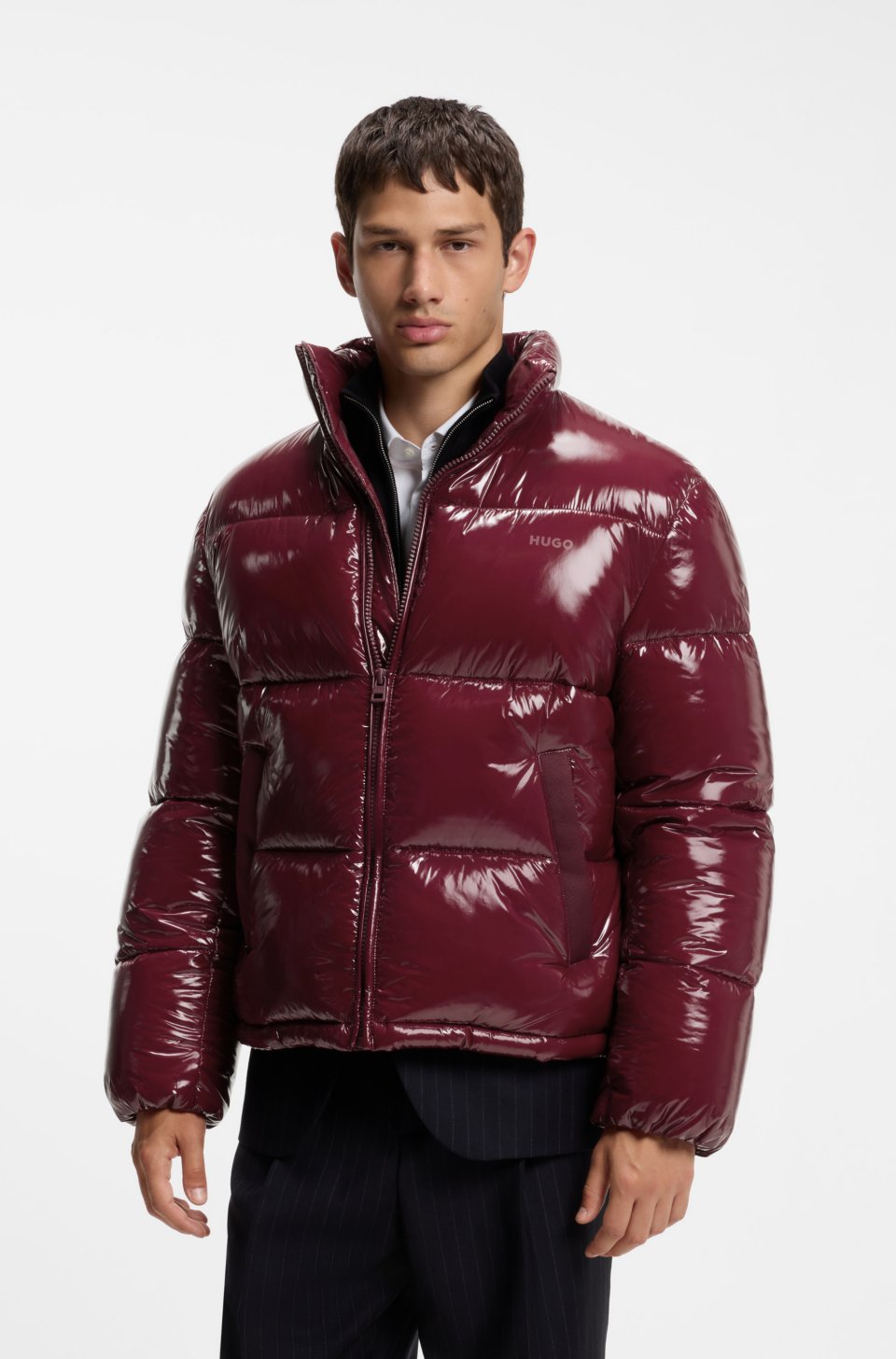 Glossy water-repellent puffer jacket with tonal logo