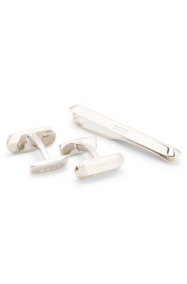 Gift-set tie bar and cufflinks, Silver tone