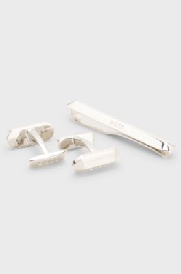 Gift-set tie bar and cufflinks, Silver tone
