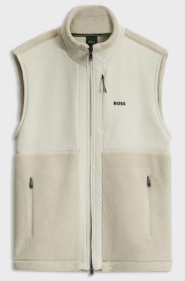 Contrast-panel teddy fleece gilet with logo, Light Beige