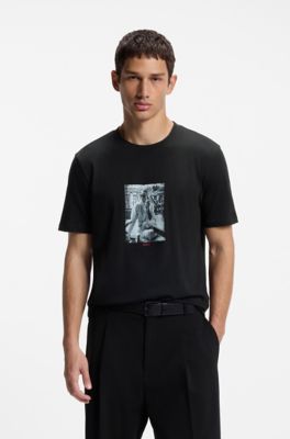 Cotton T-shirt in regular fit with contemporary graphic print, Black