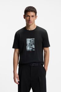 Cotton T-shirt in regular fit with contemporary graphic print, Black