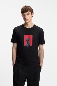Cotton T-shirt in regular fit with contemporary graphic print, Black