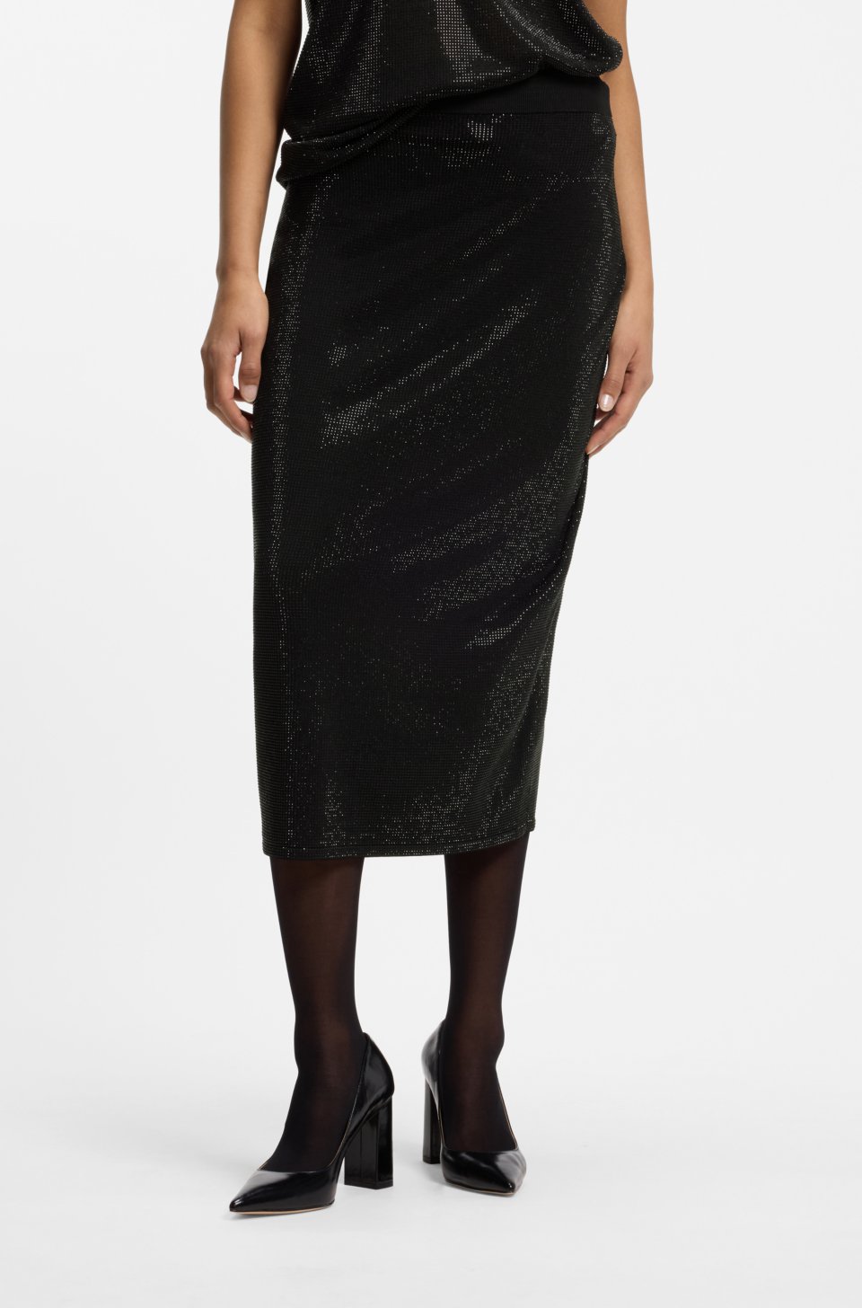 Knitted midi skirt with rhinestone embellishments