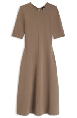 Round-neck knitted dress with an A-line skirt, Light Brown