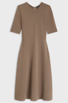 Round-neck knitted dress with an A-line skirt, Light Brown