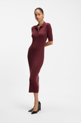 Merino wool polo dress, Dark Red
