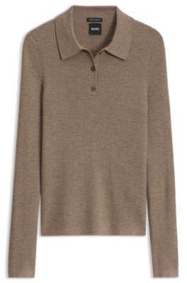 Virgin wool slim-fit polo-style sweater, Light Brown