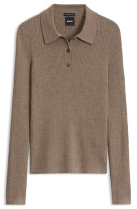 Virgin wool slim-fit polo-style sweater, Light Brown