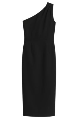 One-shoulder midi dress with belt detail, Black