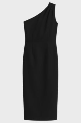 One-shoulder midi dress with belt detail, Black