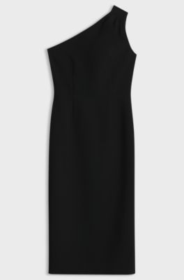 One-shoulder midi dress with belt detail, Black