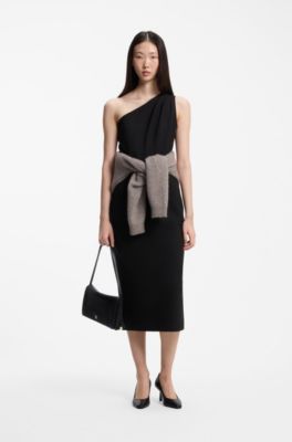 One-shoulder midi dress with belt detail, Black