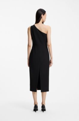 One-shoulder midi dress with belt detail, Black