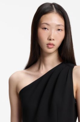 One-shoulder midi dress with belt detail, Black