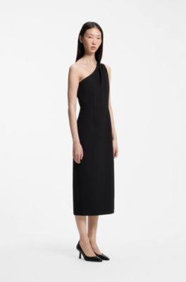 One-Shoulder-Midikleid mit G&uuml;rtel-Detail, Schwarz