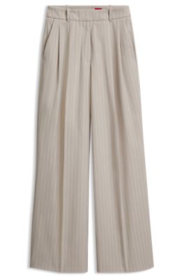 High-waisted wide-leg trousers in pinstripe fabric, Beige Patterned