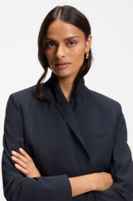 Regular-fit blazer in pinstripe stretch crepe, Dark Blue