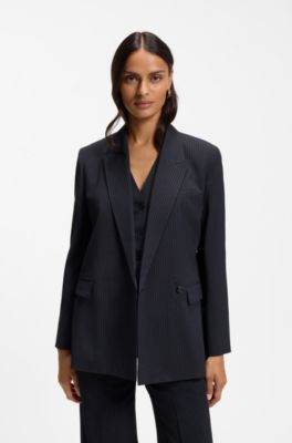 Regular-fit blazer in pinstripe stretch crepe, Dark Blue