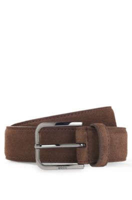 Leather business belt with polished gunmetal buckle, Dark Brown