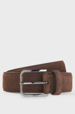 Leather business belt with polished gunmetal buckle, Dark Brown