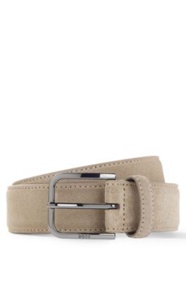 Cintura business in pelle con fibbia lucida color canna di fucile, Beige chiaro