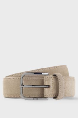 Leather business belt with polished gunmetal buckle, Light Beige