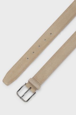 Leather business belt with polished gunmetal buckle, Light Beige