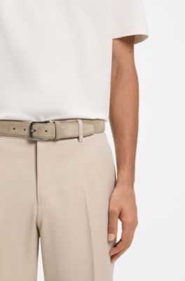 Leather business belt with polished gunmetal buckle, Light Beige