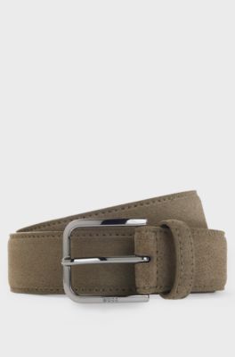 Leather business belt with polished gunmetal buckle, Dark Green