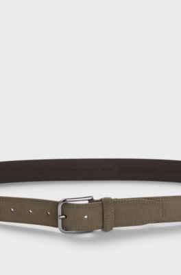 Leather business belt with polished gunmetal buckle, Dark Green