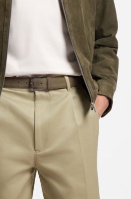 Leather business belt with polished gunmetal buckle, Dark Green