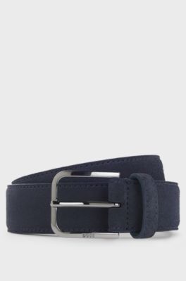 Leather business belt with polished gunmetal buckle, Dark Blue
