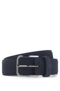 Leather business belt with polished gunmetal buckle, Dark Blue