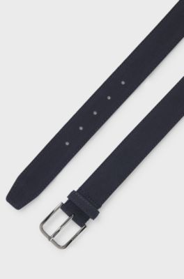 Leather business belt with polished gunmetal buckle, Dark Blue
